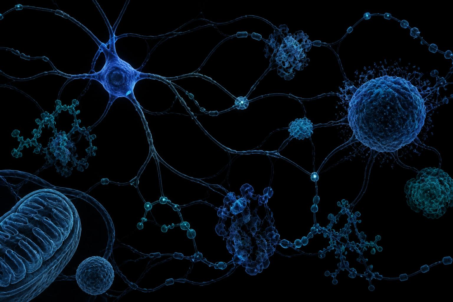 Ilustración científica de conexiones metabólicas y celulares en tonos azul y verde azulado sobre fondo oscuro